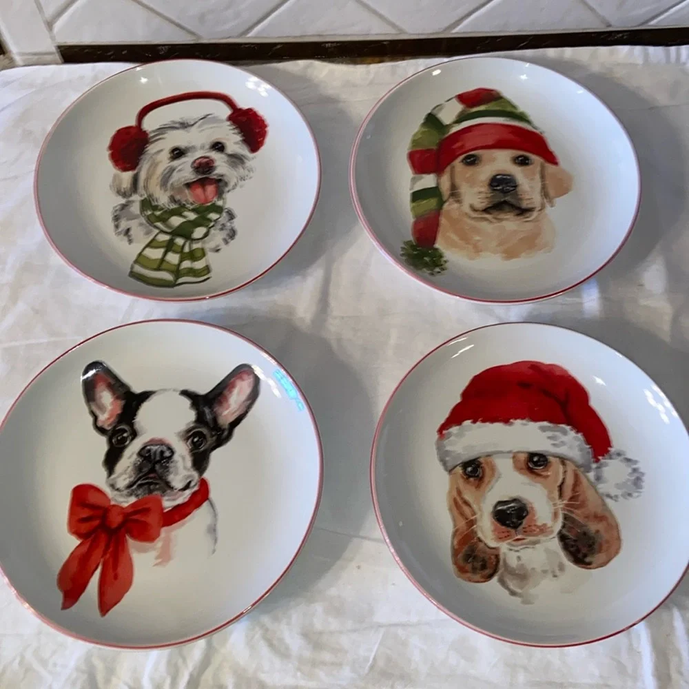 New in box Pier 1 Holiday Christmas dogs set of 4 salad plates.